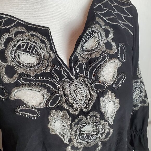 Vintage Cache Blouse Womens Small Silk Black Silver Embroidery Peplum 3/4 Sleeve - Picture 5 of 15